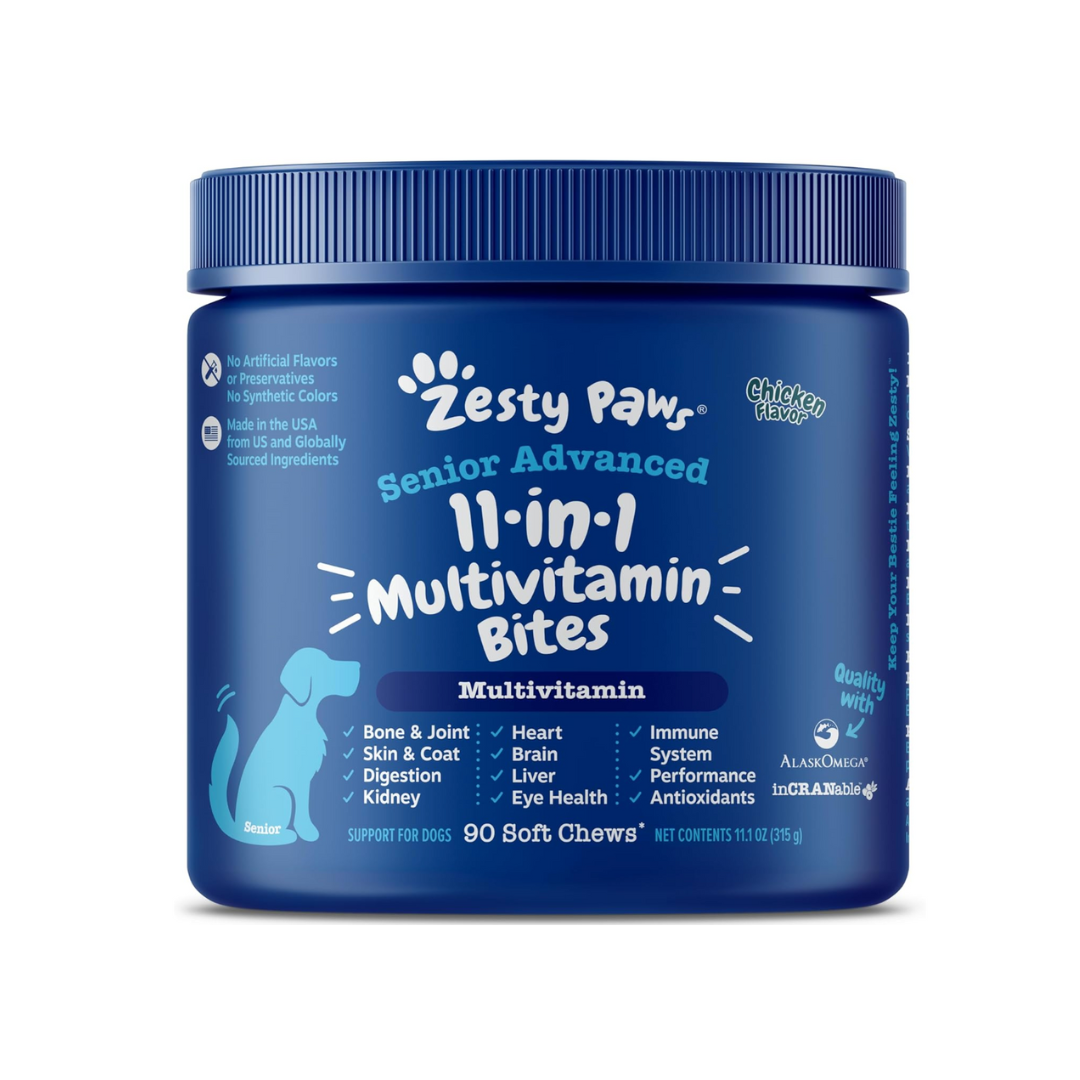Zesty Paws Senior Dog Multivitamin Treats - Glucosamina para perros + enzimas digestivas y probióticos - Vitaminas  para la salud inmune - Avanzado - 90count