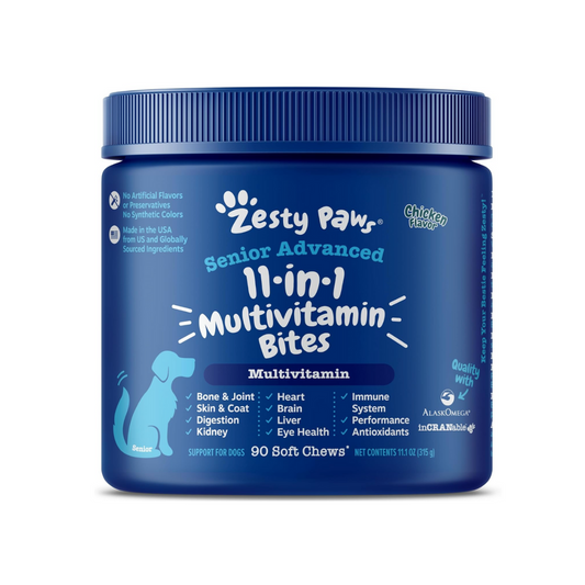 Zesty Paws Senior Dog Multivitamin Treats - Glucosamina para perros + enzimas digestivas y probióticos - Vitaminas  para la salud inmune - Avanzado - 90count