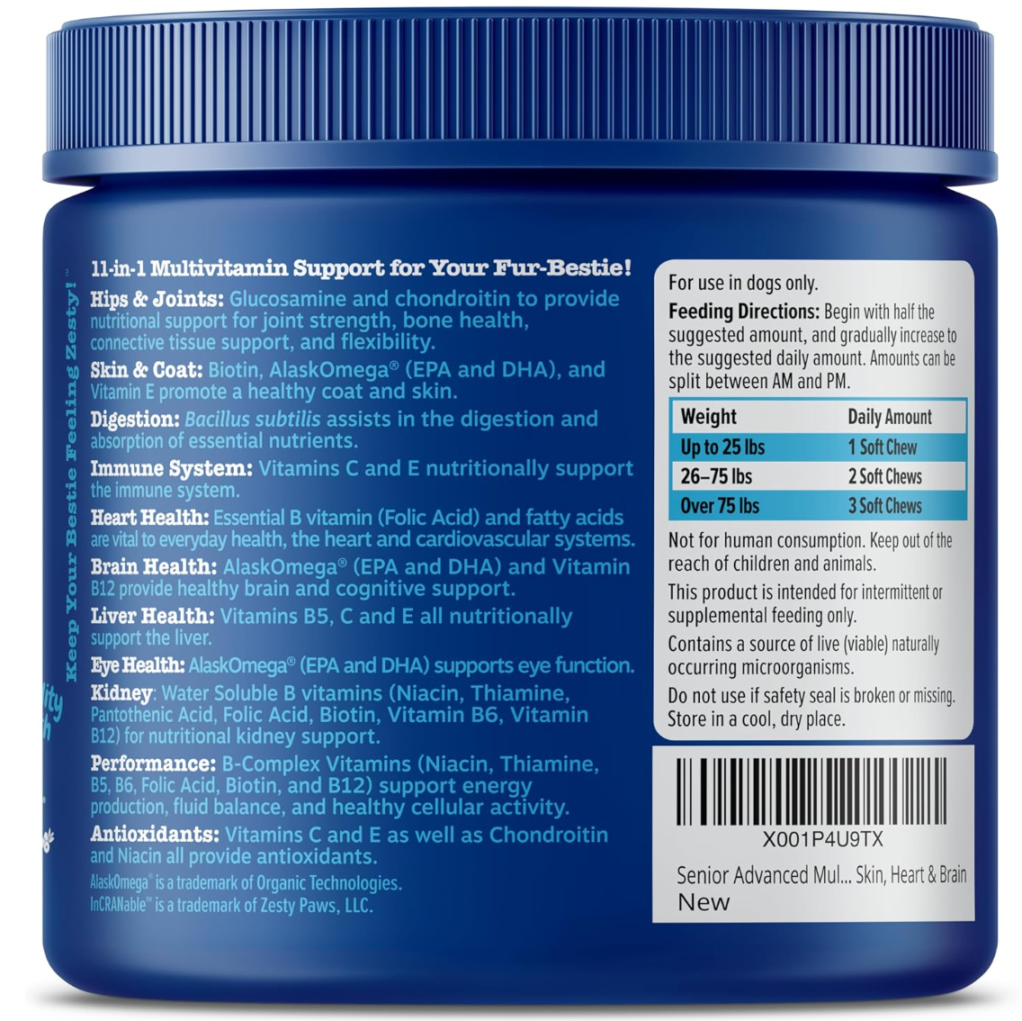 Zesty Paws Senior Dog Multivitamin Treats - Glucosamina para perros + enzimas digestivas y probióticos - Vitaminas  para la salud inmune - Avanzado - 90count