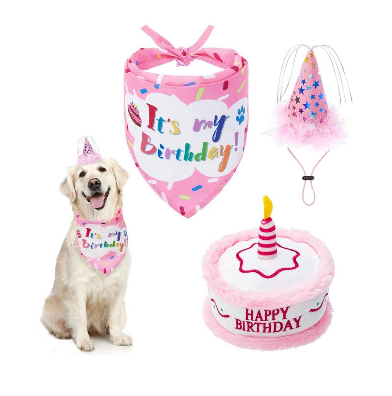 EXPAWLORER Traje de cumpleaños, lindo sombrero, bufanda y pastel chirriante